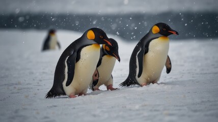 Fototapeta premium Three King penguins waddle on a snowy landscape with light snow falling, the one in the middle is looking down.