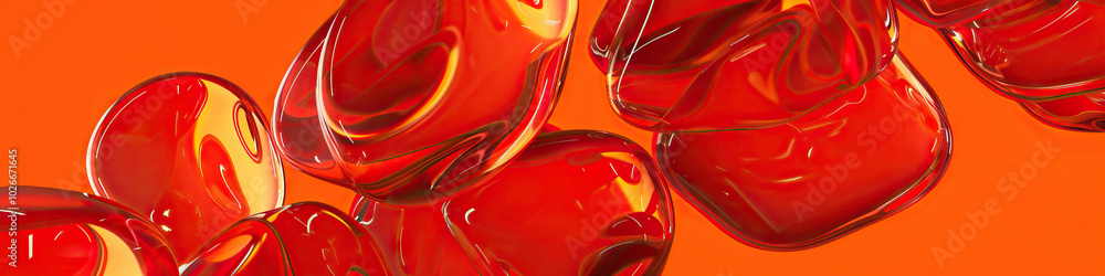 Poster an orange-hued gradient as a backdrop for shiny red metal shapes, forming abstract patterns.