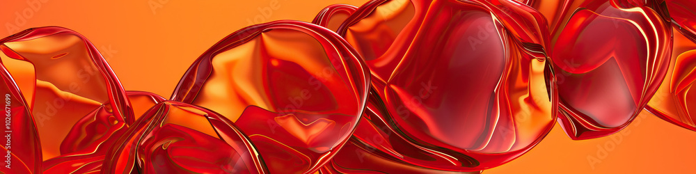 Poster an orange-hued gradient as a backdrop for shiny red metal shapes, forming abstract patterns.