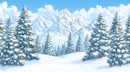 Fototapeta premium Snowy mountain landscape with evergreen trees under a bright blue sky.