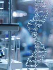A prominent DNA strand is displayed in focus, while a blurred laboratory setting suggests active scientific research taking place. Generative AI