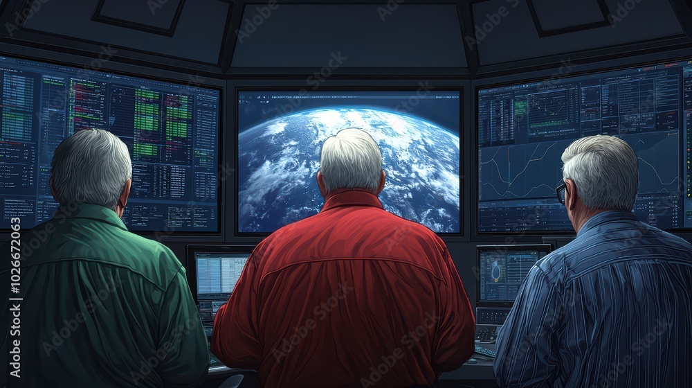 Poster three men observing earth from a control room filled with screens displaying data and graphics.
