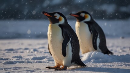 Fototapeta premium Two emperor penguins stand on a snowy landscape, looking up at something in the distance. The snow is falling, creating a soft, ethereal atmosphere.