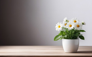 White daisies in a white ceramic pot on a wooden table, light background, space for text in left part