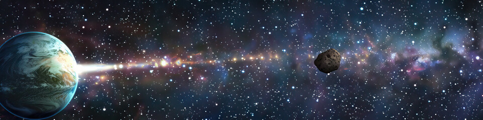 Naklejka premium Starry Night Space Backdrop: A tiny asteroid hurtles through the cosmos, eventually colliding with a distant planet.