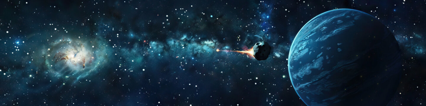 Starry Night Space Backdrop: A tiny asteroid hurtles through the cosmos, eventually colliding with a distant planet.