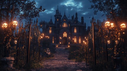 A large Gothic mansion surrounded by twisted iron gates, lit by the faint glow of lanterns shaped like skulls