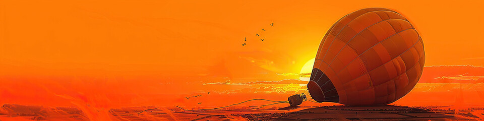 Obraz premium Vivid Orange Sunset: A hot air balloon deflates, its canvas collapsing in on itself as it gently touches the ground.