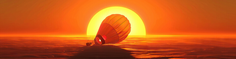 Obraz premium Vivid Orange Sunset: A hot air balloon deflates, its canvas collapsing in on itself as it gently touches the ground.