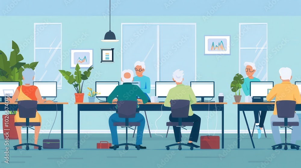 Poster a group of elderly individuals actively participating in computer courses, working on laptops and de