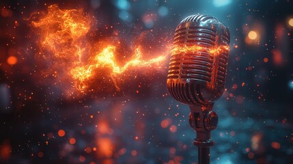 An artistic representation of a microphone emitting flames against a dark backdrop, illuminated by scattered lights. Ideal for music and performance themes.