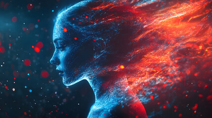 Woman Surrounded by Red and Blue Electric Energy
