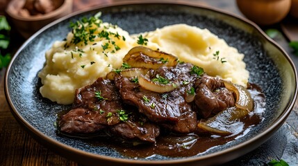 Fried liver with onions and mashed potatoes