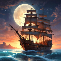 Fototapeta premium Illustration of ancient ship with starry sky and moon behind.