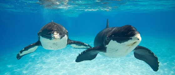 Obraz premium Two dolphins, one black and one white, swim in a clear blue pool under sunlight filtering through the water