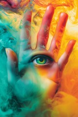 A surreal hand with an eye amidst colorful, swirling smoke; an abstract vision capturing mystique and wonder.