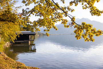 Autumn landscape. Beautiful lake in the mountain scenery