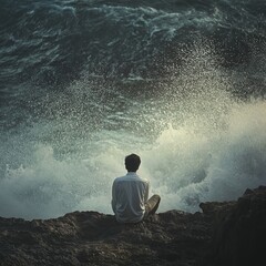 Obraz premium A lone individual sits on a cliff, watching the swirling sea waves crash against the rocks below.