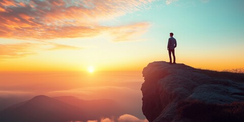 A lone figure stands on a cliff, overlooking a breathtaking sunrise, symbolizing reflection and serenity.