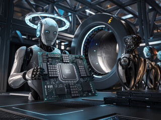 Obraz premium Futuristic AI Robot Presenting Advanced Microchip in High-Tech Laboratory