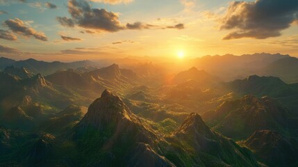 A rustic wooden cabin sits on a grassy hillside, surrounded by grazing cows and a rolling mountain range in the background. The sun is setting, casting a warm glow on the scene.