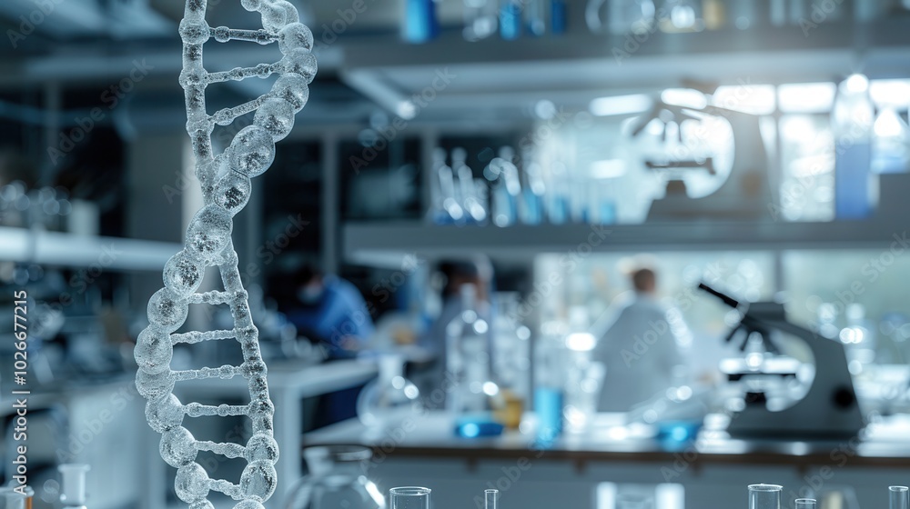 Poster the dna strand stands prominently in focus while a laboratory filled with glassware and researchers 