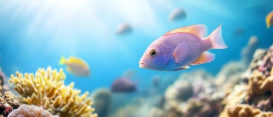 Fototapeta premium A tight shot of a fish amidst coral, surrounded by swimming companions, and sunrays filtering through as backdrop
