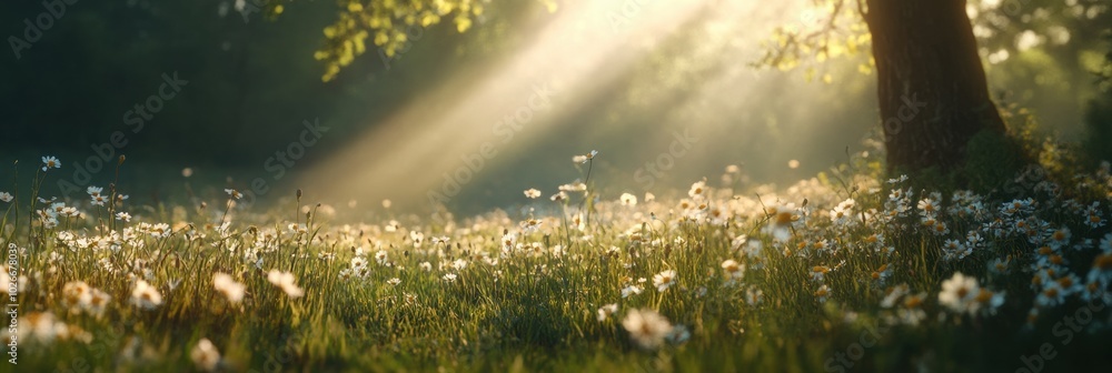 Poster gentle sunlight filters through trees, casting warm rays on a meadow filled with vibrant wildflowers