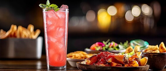  A tall glass atop a wooden table, beside a plate of food and a bowl of chips