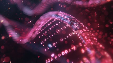 A 3D representation of a DNA strand showcases vibrant digital data streams and binary codes flowing through its structure, symbolizing bioinformatics. Generative AI