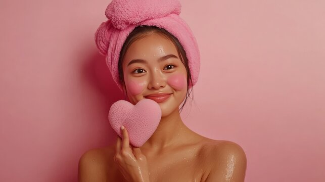 Woman cleanses face with soft heart-shaped sponge.