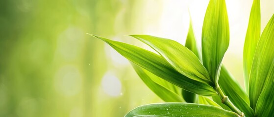 Obraz premium A tight shot of a green plant, its leaves dotted with water droplets, against a softly blurred background