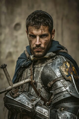 Fototapeta premium Elderly Templar knight holding a helmet in battle-worn armor