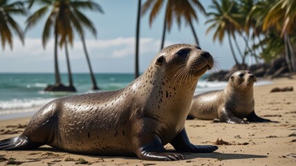 Obraz premium Two seals relax on a sandy beach with palm trees and blue ocean in the background.