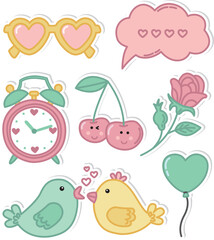 Hand drawn stickers with cute birds, cherry, balloon, rose, glasses. Set of colorful images for Valentine's Day 