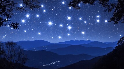 Fototapeta premium A starry night sky over a mountain range with silhouettes of trees in the foreground.