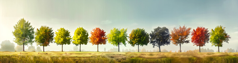 A row of trees symbolizing the seasons showcases nature's beauty: spring green leaves, summer lush canopies, autumn red and yellow hues, and winter bare branches. Suitable for educational materials.

