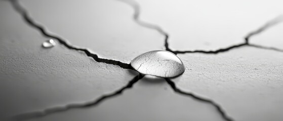 Obraz premium A monochrome image of a solitary drop of water balanced on a fissured surface, with a distinct crack running through its center