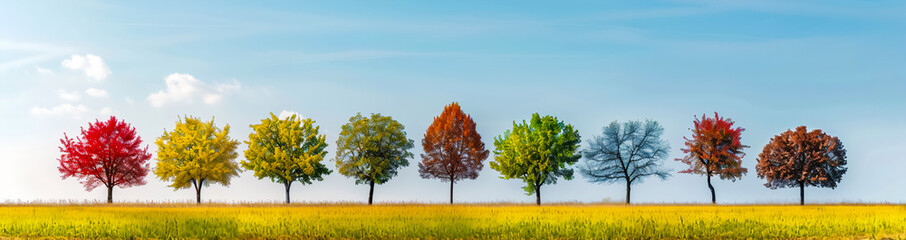 Many trees symbolizing the seasons are arranged in a row, showcasing green spring leaves, lush summer canopies, vibrant autumn hues, and bare winter branches. Suitable for nature illustrations.