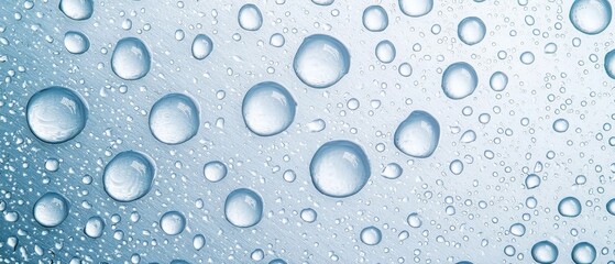  A tight shot of water droplets on a glass, surrounded by a blue sky backdrop, with additional droplets on the surface
