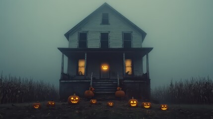 A lonely farmhouse decorated with worn-out Halloween props, sitting in the middle of ,a cornfield