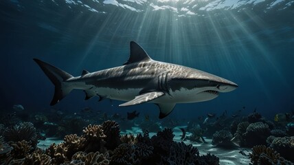 Fototapeta premium A grey reef shark swims through a coral reef with sunlight rays breaking through the surface of the water.