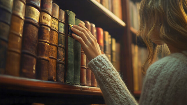 
A young woman browsing through a library's fiction section, her hand gently grazing the spines of the books. - Powered by Adobe