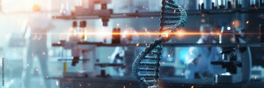 Poster a vivid dna strand is showcased against a blurred backdrop of scientists working diligently in a bus