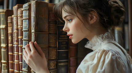 
A young woman browsing through a library's fiction section, her hand gently grazing the spines of the books.