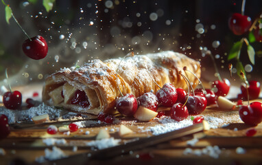 Delicious dough with cherries, sprinkled with powdered sugar, lies on a wooden board. Surrounding are fresh cherries and apples. The rustic style emphasizes the natural ingredients. 