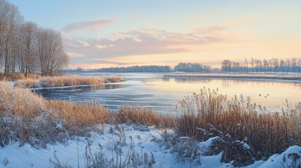 Fototapeta premium Winter sunset over Dutch landscape.