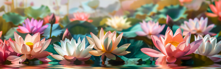 Fototapeta premium Bright pond with blooming lotus flowers surrounded by green leaves creates a peaceful atmosphere. Suitable for use in artistic materials and postcards.