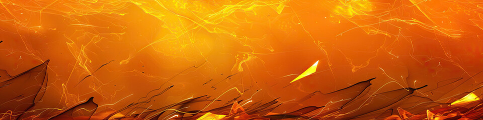 Vivid shards of orange and yellow peek through a textured, earth-toned abstract backdrop, mimicking the warmth and energy of a crackling campfire as embers dance and cascade downward.