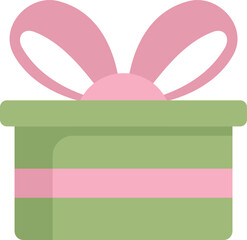 Green gift box with pink ribbon sitting on white background representing holidays and celebrations